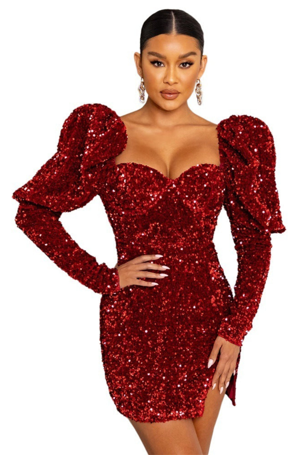 Red sequin dress with puff sleeves on a white background