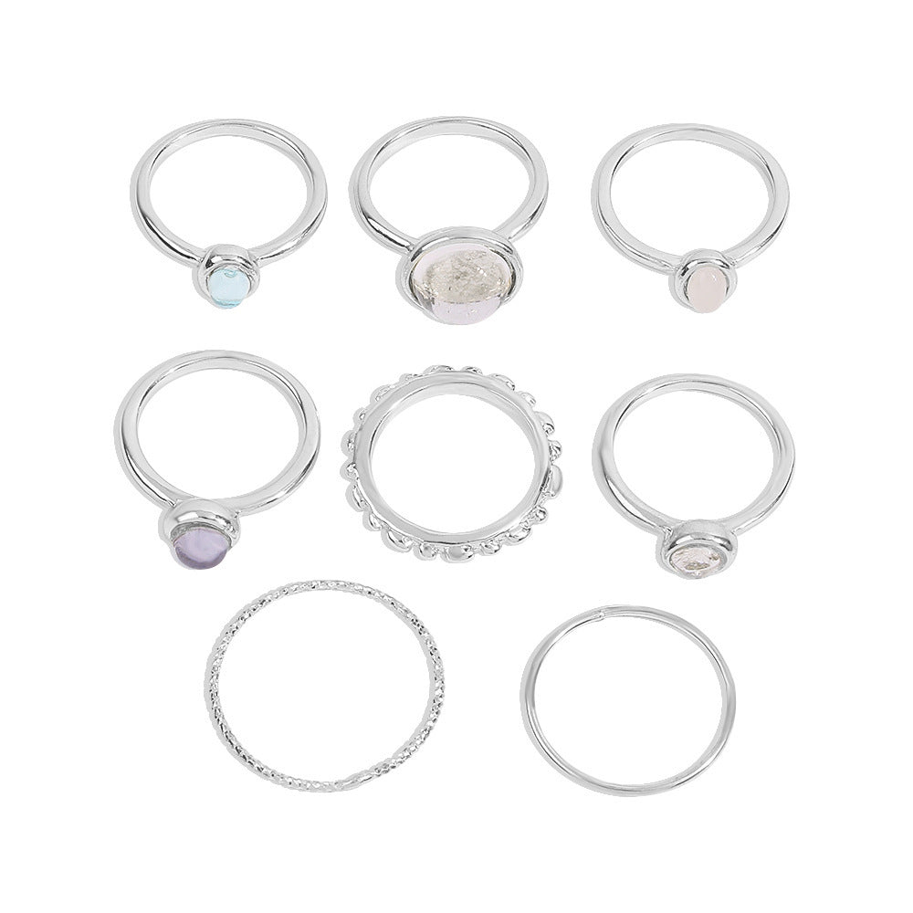 8-Piece Colorful Stone Metallic Ring Set – Geometric Stackable Rings for Women