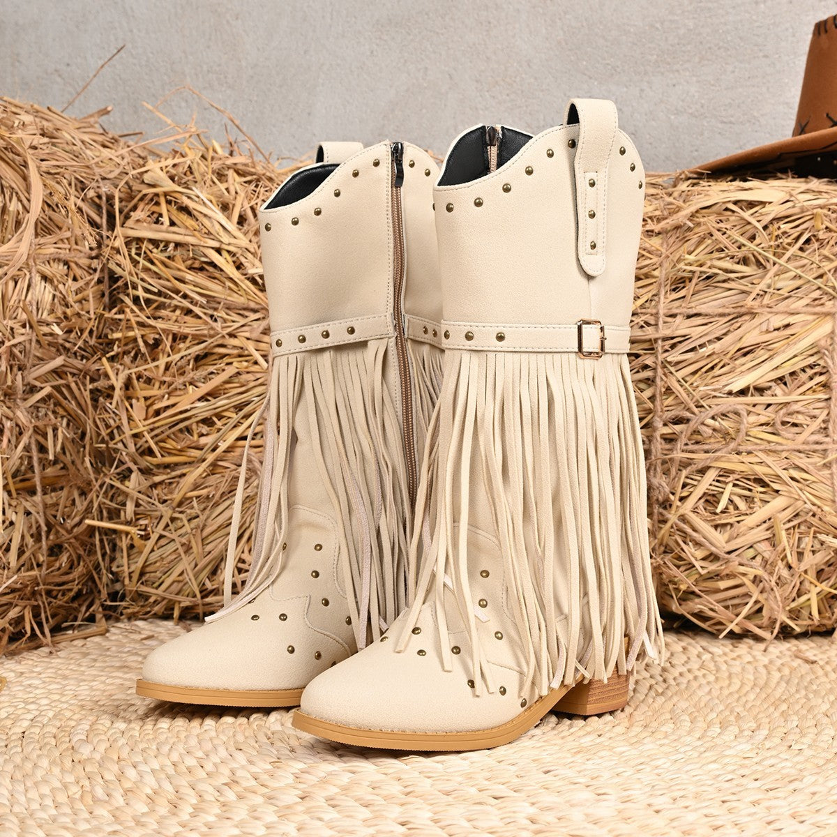 Retro Ethnic Western Cowboy Style Round Toe Block Heel Tassel Boots
