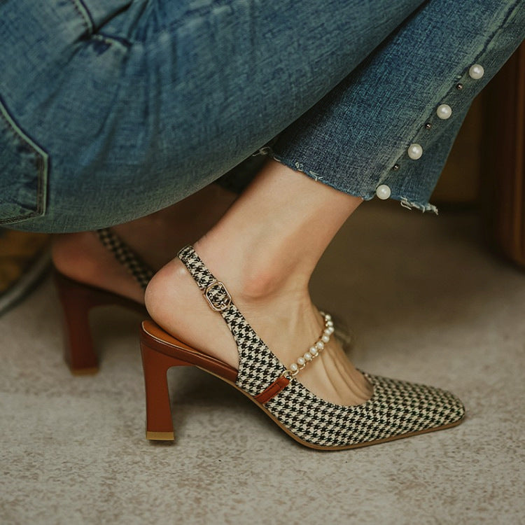 Elegant Summer Style Women Pearl Design Square Toe Pumps Shoes