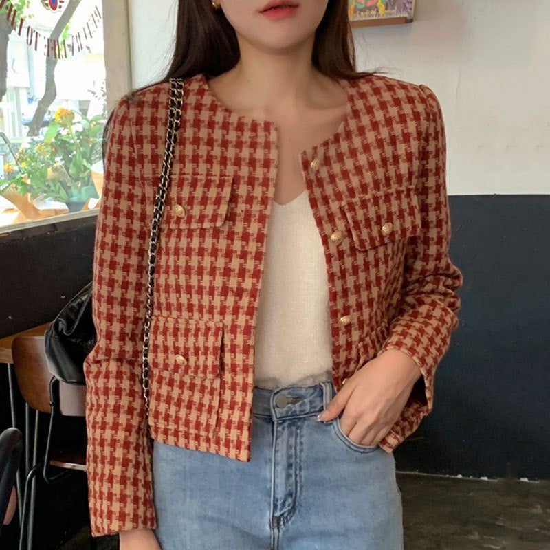 Plaid Tweed Short Jacket for Women – Elegant Versatile Coats & Jackets in Black Red 2025