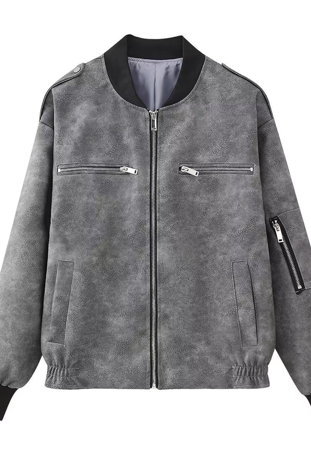 Gray bomber jacket with black accents on a white background