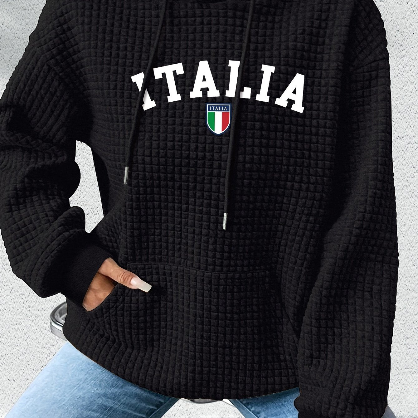Italia Print Waffle Hoodie – Women’s Loose Fit Pullover with Kangaroo Pocket for Fall/Winter