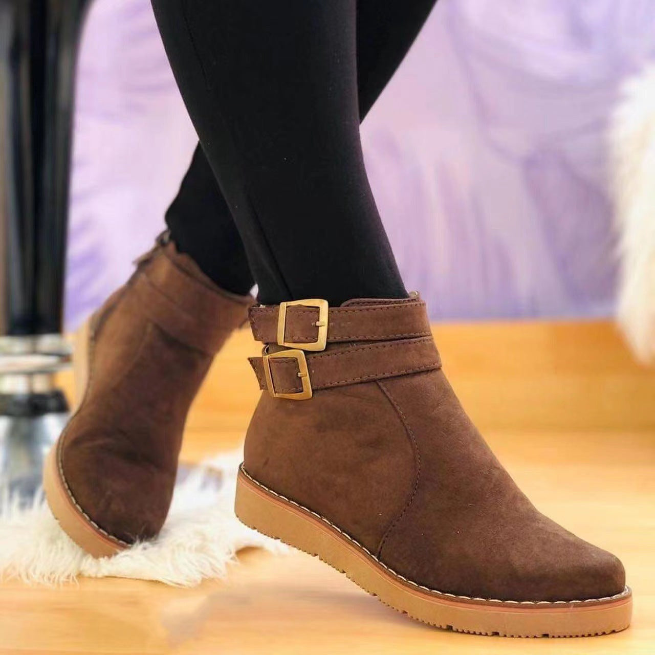 Double Buckle Suede Leather Women Snow Boots