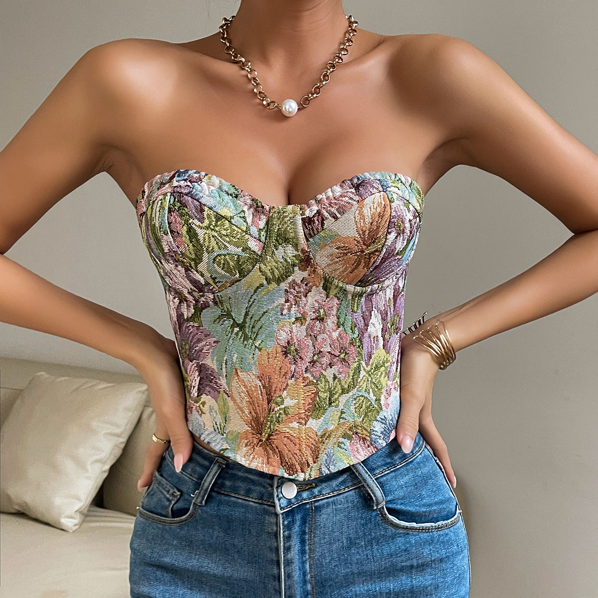 Y2K Floral Print Tube Vest Top – Retro Early 2000s Crop Outfit