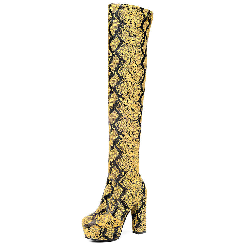 Platform Over-the-Knee Boots for Women | Thick Heel Snake Print Statement Boots