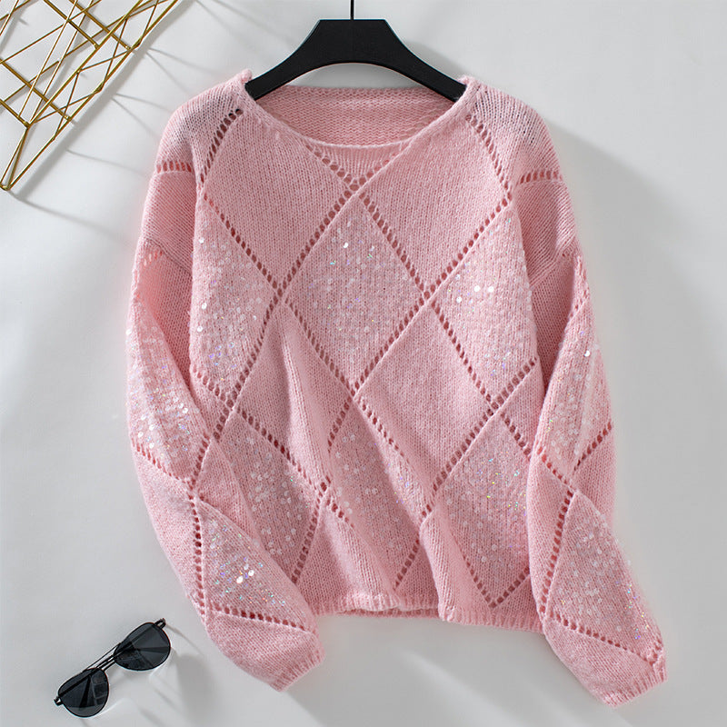 Trendy Hollowed-out Sequined Rhombus Pullover – Loose Fit Sweater for Women