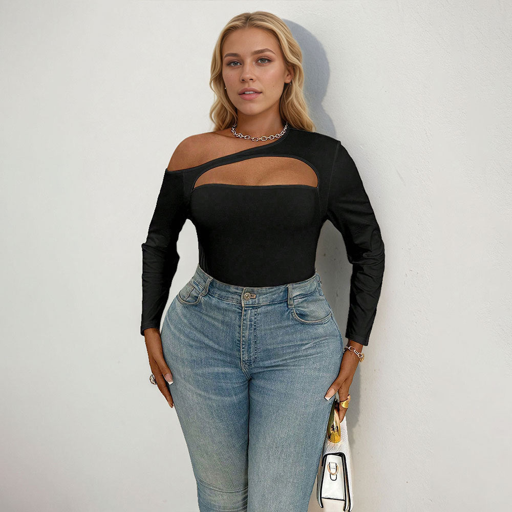 Off Shoulder Skinny Jumpsuit Sexy Hollow Fold Design Long Sleeve