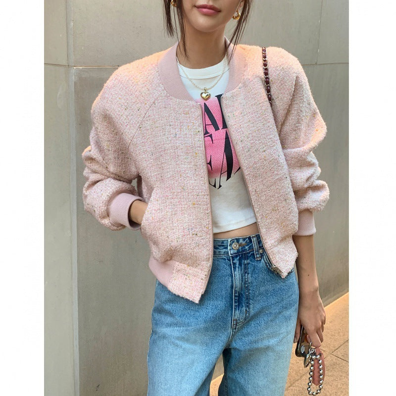 Soft Korean Office Tweed Jacket Round Neck Chic Minimal City Style Coat