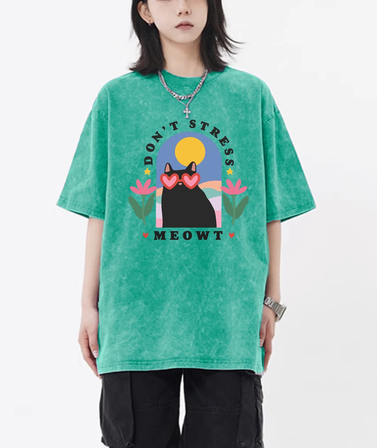 Don’t Stress Meowt Cartoon Graphic Tee – Women’s Casual Cotton T-Shirt, Street Style Outfit