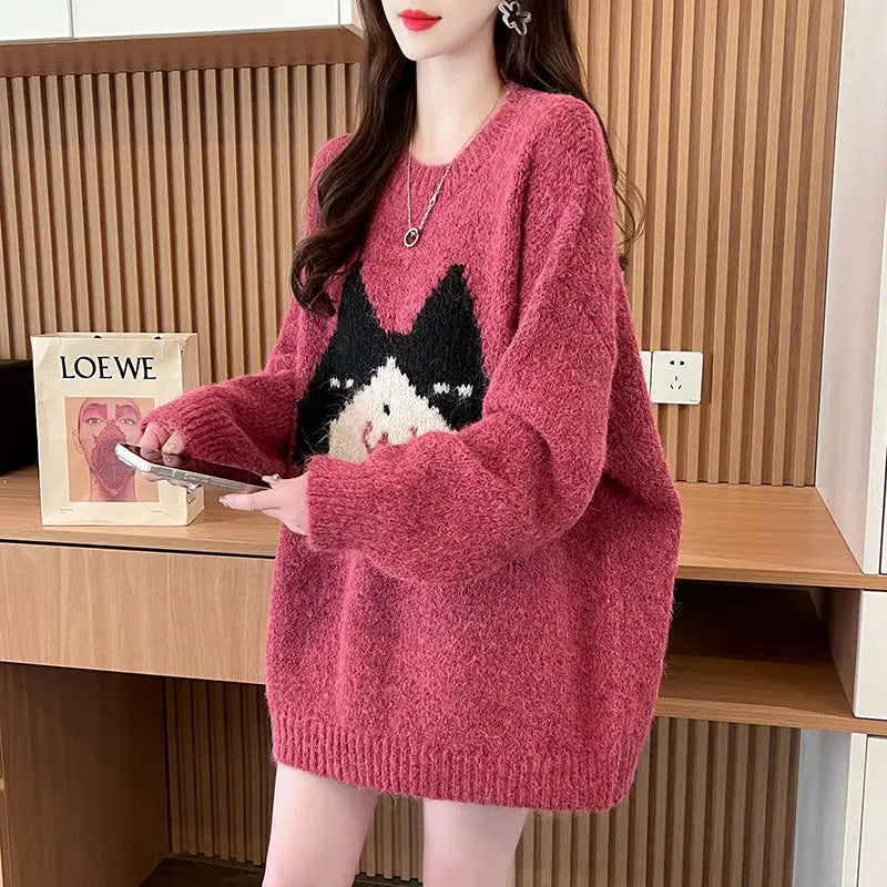 Women's High Street Oversized Cartoon Cat Print Knit Sweater