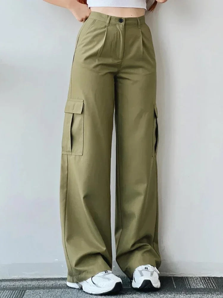 Women’s Mid Waist Cargo Pants – Full Length Utility Broadcloth Trousers