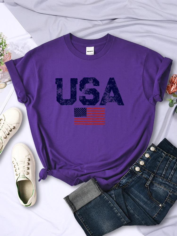 USA Letter Print Casual Tee – Women’s Cotton-Blend T-Shirt, Street Style Outfit