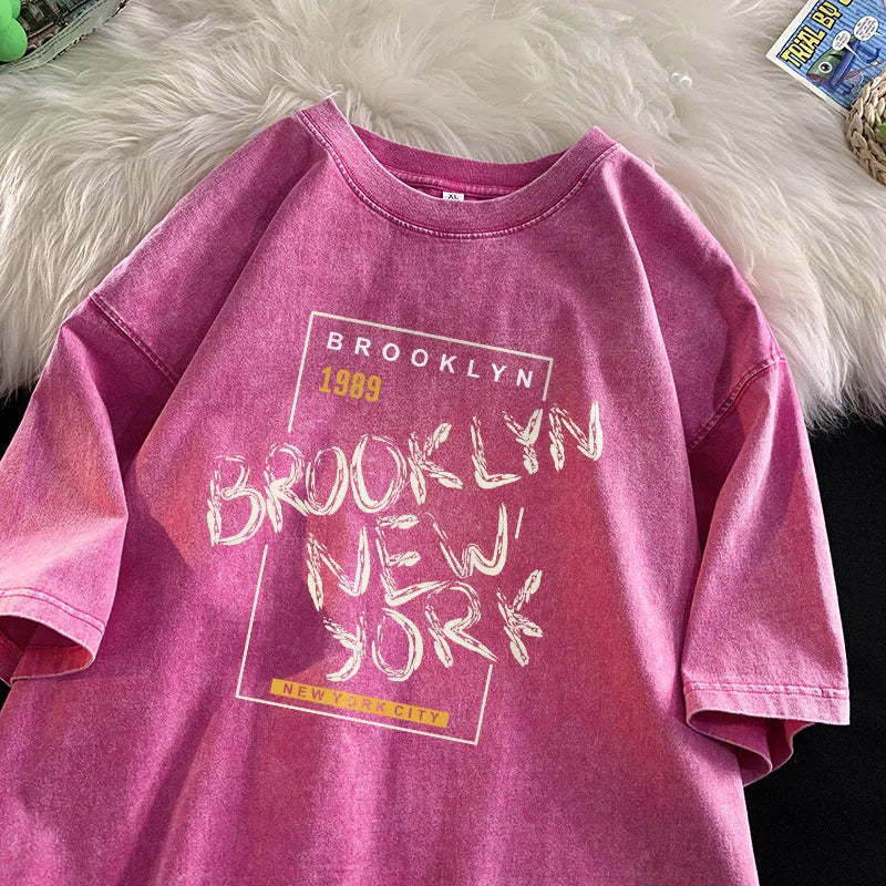 Men’s Washed Cotton T-Shirt – Vintage Letter Print Tee, Casual Summer & Street Style Outfit