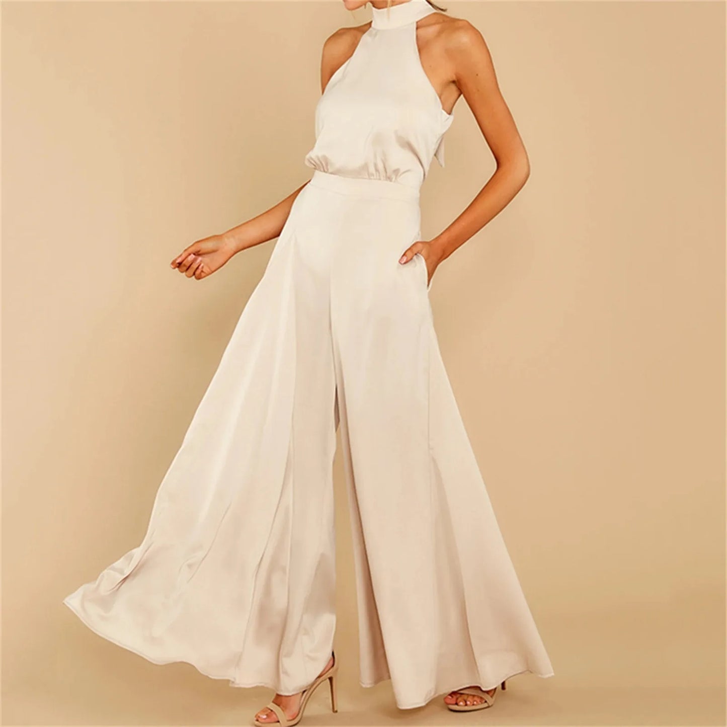 Halter Neck Wide-Leg Jumpsuit for Women – Elegant Tie-Back Outfit for Beach & Party Wear
