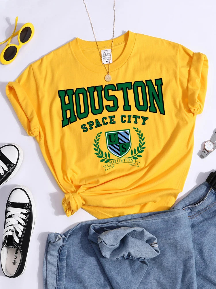 Houston Space City Graphic Tee – Women’s Summer Cartoon T-Shirt, Casual Street Style Outfit