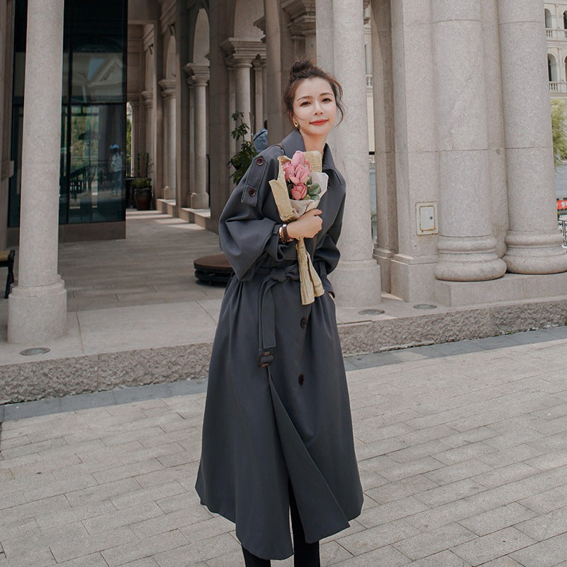 Plain British Style Over The Knee Slim Belt Loose Coat