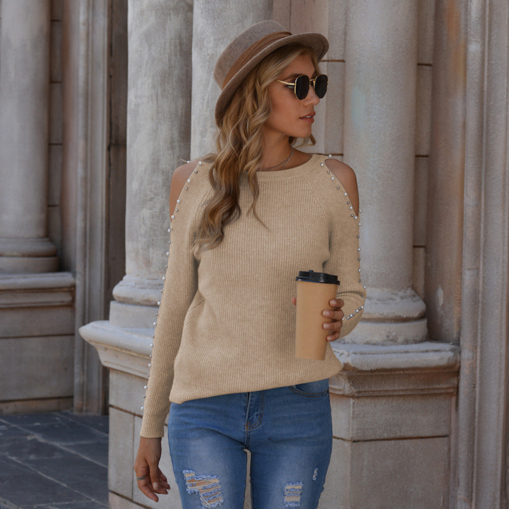 Beaded Off-Shoulder Knit Pullover – Fall & Winter Glam