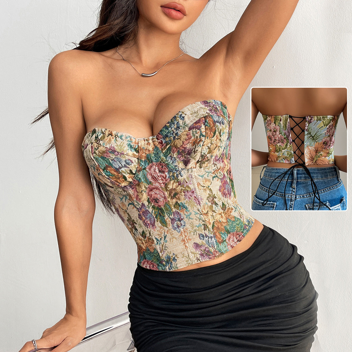 Y2K Floral Print Tube Vest Top – Retro Early 2000s Crop Outfit