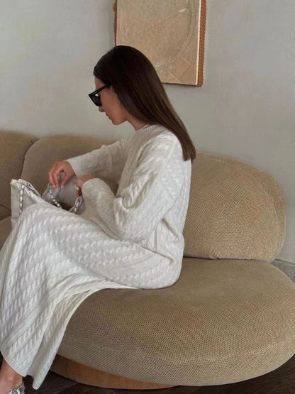 Monochromatic Round Neck Merino Wool Women Long Sweater Dress