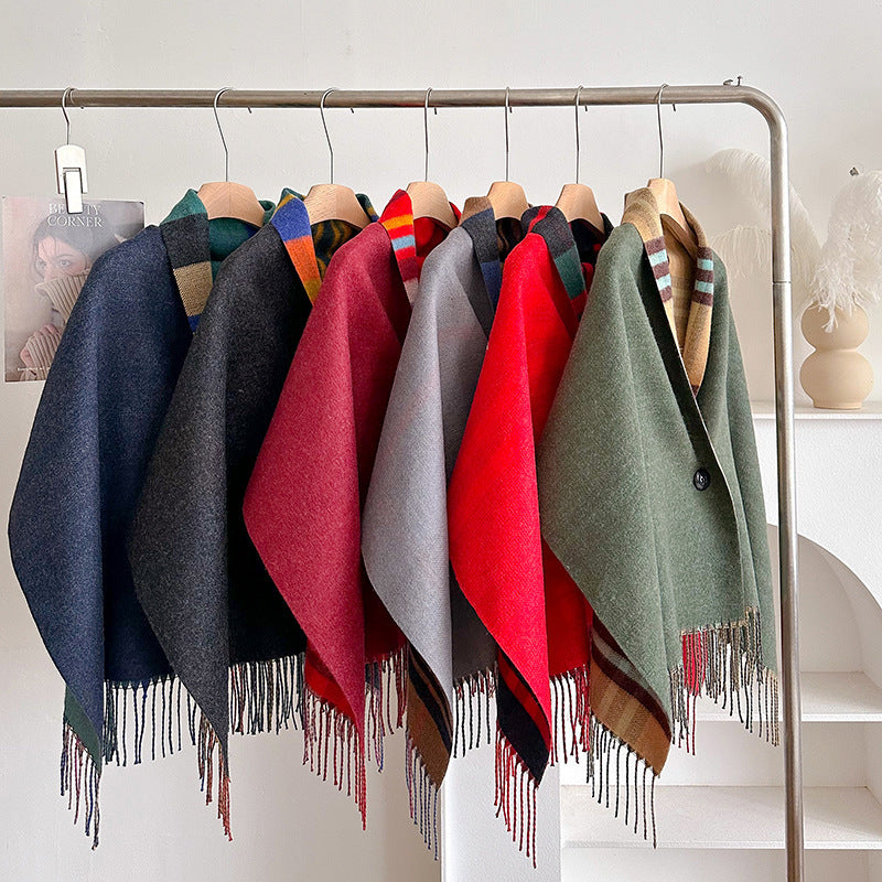 Double-Sided Wool Cloak – Tassel Shawl with Color Grid for Winter