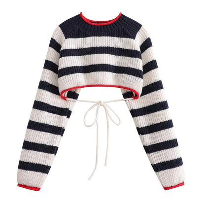 Lace-up Sweater for Women – Stripes & Plaid Pattern Knitwear