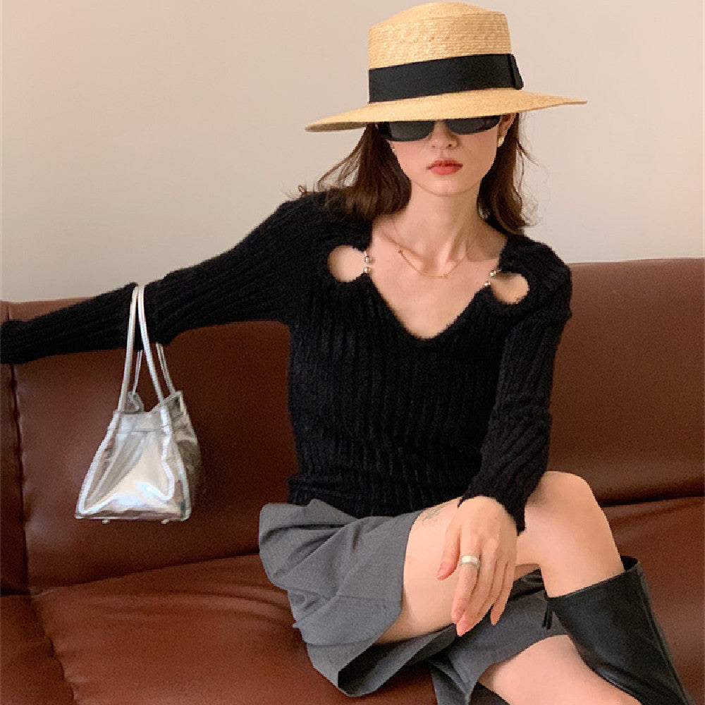 Black Fashion Knitwear V-Neck Sweaters for Women – Cozy Pullover, Stylish Winter & Fall Outfit