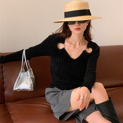 Black Fashion Knitwear V-Neck Sweaters for Women – Cozy Pullover, Stylish Winter & Fall Outfit