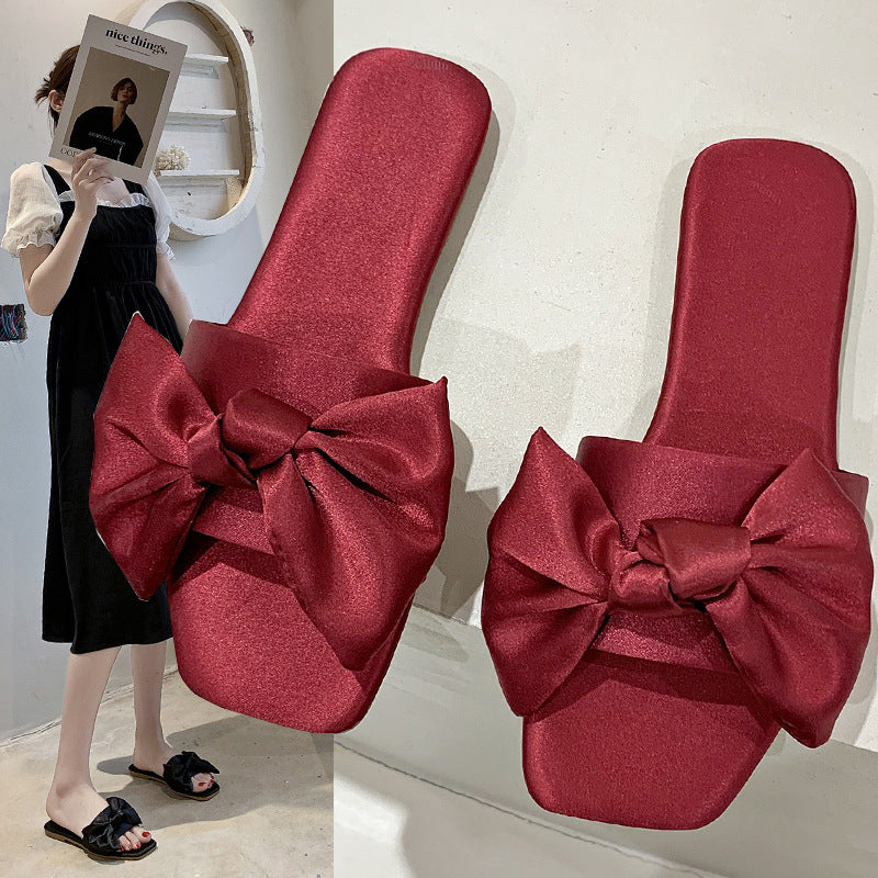 Womens Elegant Silk Bow Summer Slippers