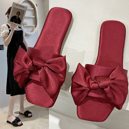 Womens Elegant Silk Bow Summer Slippers