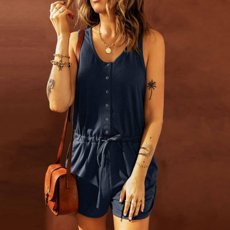 2025 Womens Summer Jumpsuit Solid Color Sleeveless V Neck Romper With Bow Button Front Shorts