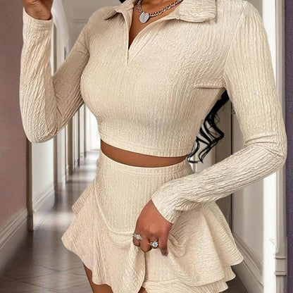 Women’s Lapel Crop Top & Asymmetrical Ruffle Skirt Set – Elegant Two-Piece Outfit for Spring & Fall