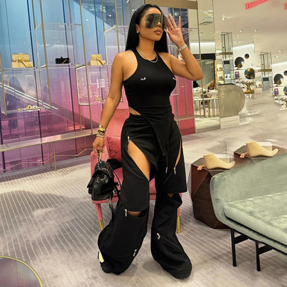 Fashionable Multi-Zipper Pocket Loose Trousers – Mid-Waist Wide-Leg Streetwear Pants