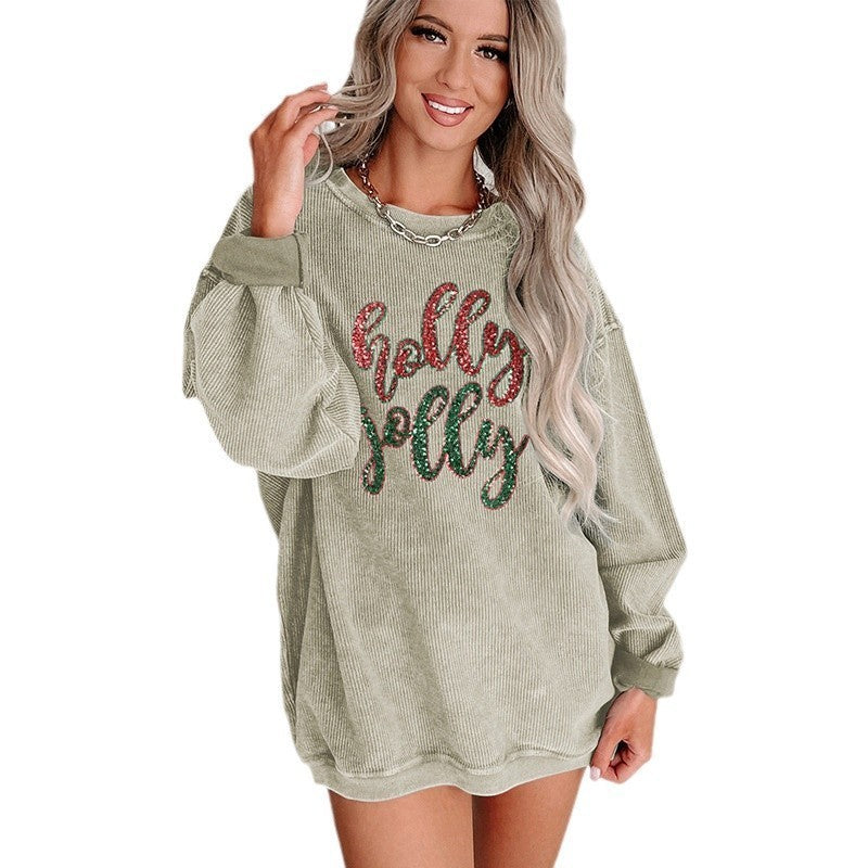 Stylish Sequined Letter Print Pullover – Loose Fit Casual Top for Women