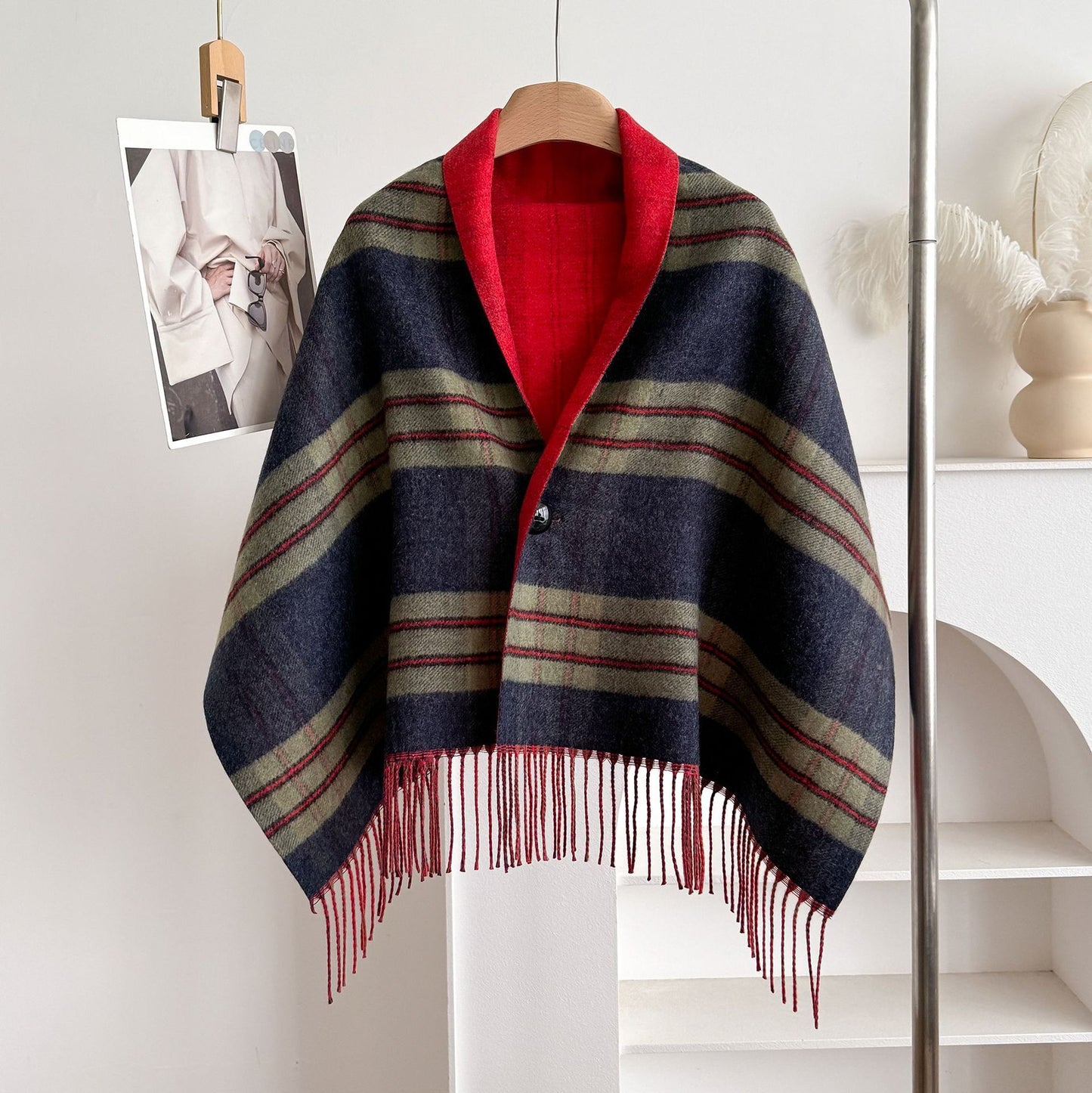Double-Sided Wool Cloak – Tassel Shawl with Color Grid for Winter