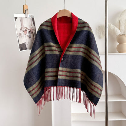 Double-Sided Wool Cloak – Tassel Shawl with Color Grid for Winter