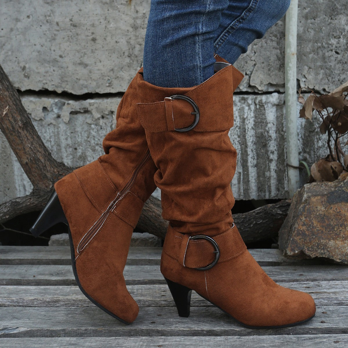 High Tube Below-the-Knee Boots for Women | British Style Suede Boots with Short Thick Heel