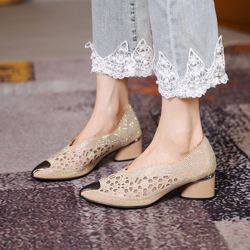 Hollow Mesh Hot Drilling Pumps | Rhinestone Pointed-Toe Sandals for Women