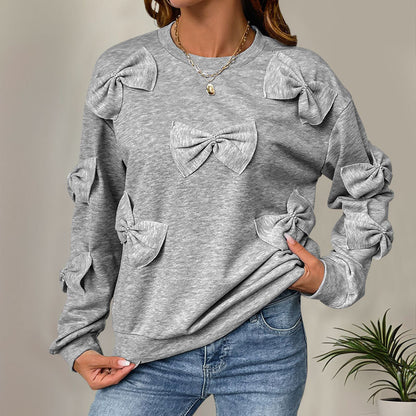 Casual Cool Bow Stitching Gray Round-Neck Cotton Sweaters for Women