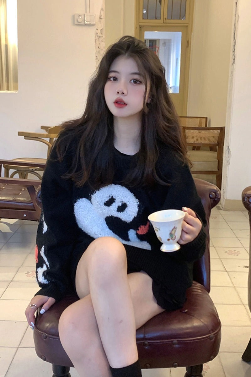 Loose Round Neck Pullover Sweet Wool Sweater – Elegant Black