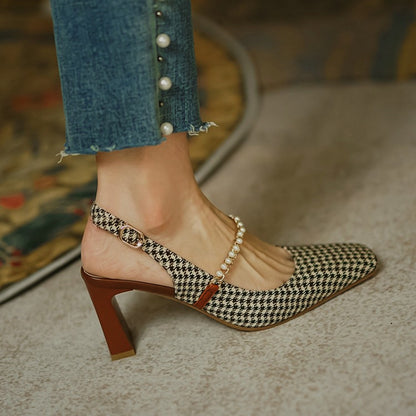 Elegant Summer Style Women Pearl Design Square Toe Pumps Shoes