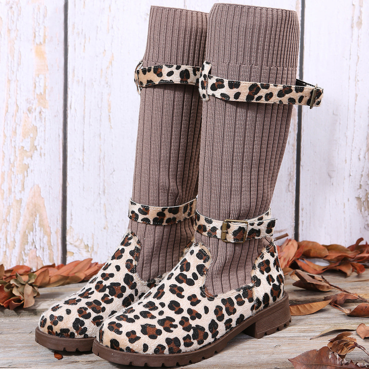 Leopard Print Winter Mid-Calf Boots for Women | Roman-Inspired Flat Heel Fashion Boots