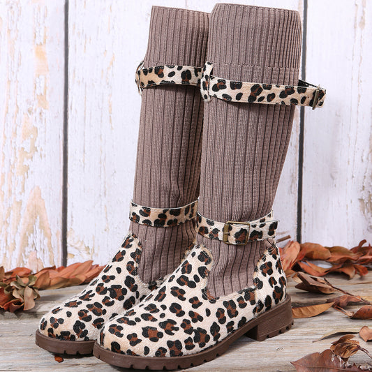 Leopard Print Winter Mid-Calf Boots for Women | Roman-Inspired Flat Heel Fashion Boots