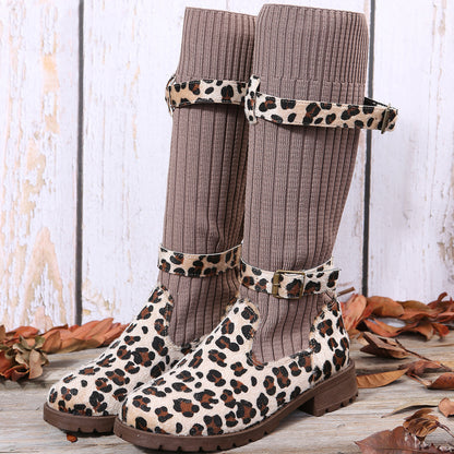 Leopard Print Winter Mid-Calf Boots for Women | Roman-Inspired Flat Heel Fashion Boots
