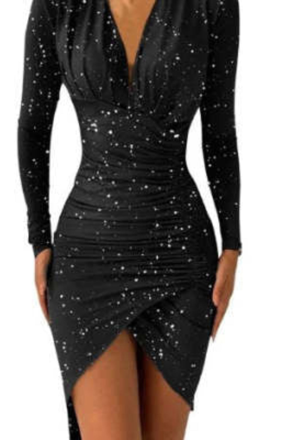 Black dress with sequin details on a white background