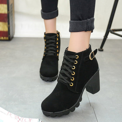 Chunky Block Heel Buckle Ankle Boots | European & American Style PU Leather Suede Boots for Women