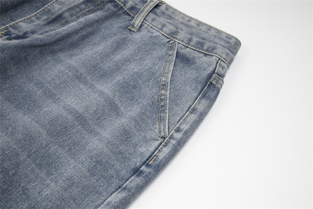 Unisex Ripped Denim Trousers – Mid-Waist Street Style Jeans