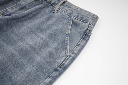 Unisex Ripped Denim Trousers – Mid-Waist Street Style Jeans