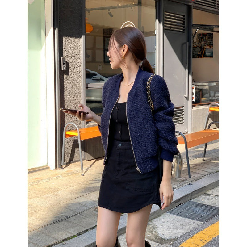 Korean Office Style Round Neck Tweed Jacket