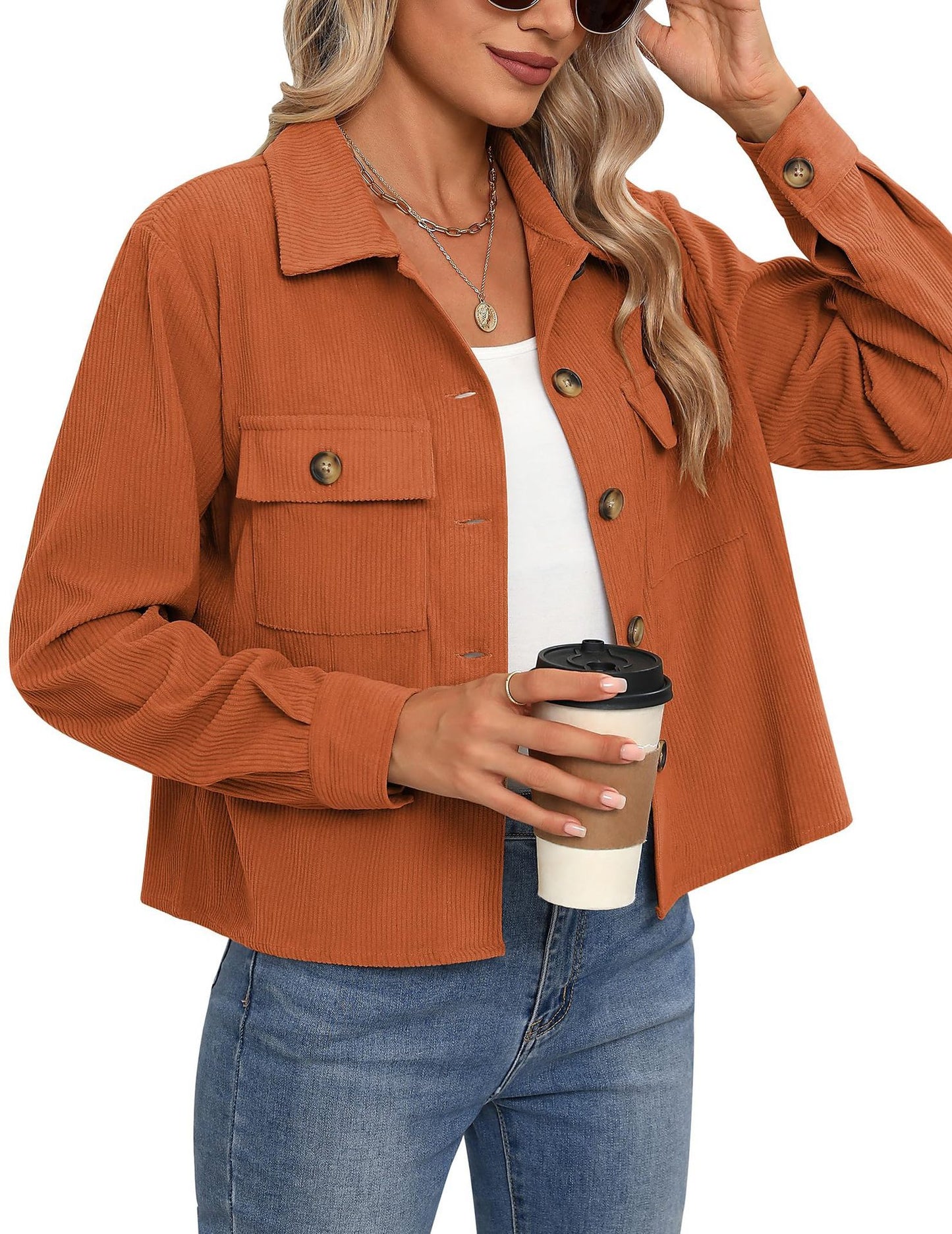 Women’s Corduroy Button Cropped Jacket – Long Sleeve Polyester Coats & Jackets 2025